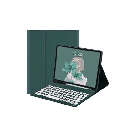 Green Built-in Pen Slot Round Keyboard Key Leather Case Bluetooth Keyboard & Mouse