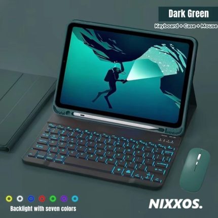 Green Backlit Keyboard LED 7 Light Colors Built-in Pen Slot Bluetooth Magnetic Keyboard Case